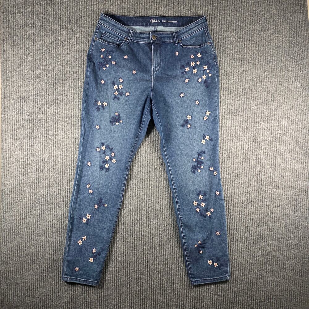 Style & Co Curvy Skinny Jeans Floral Embroidered Blue Size 12